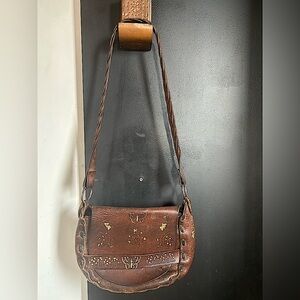 Vintage 70s Tooled Leather Saddle Bag Mushrooms Flowers